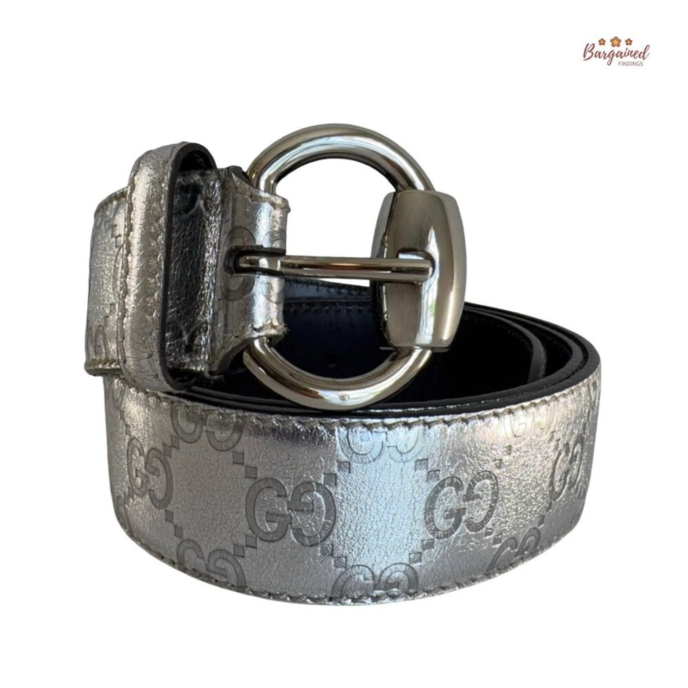 Authentic Gucci Metallic Silver Guccissima Leather Silver Buckle 90/36